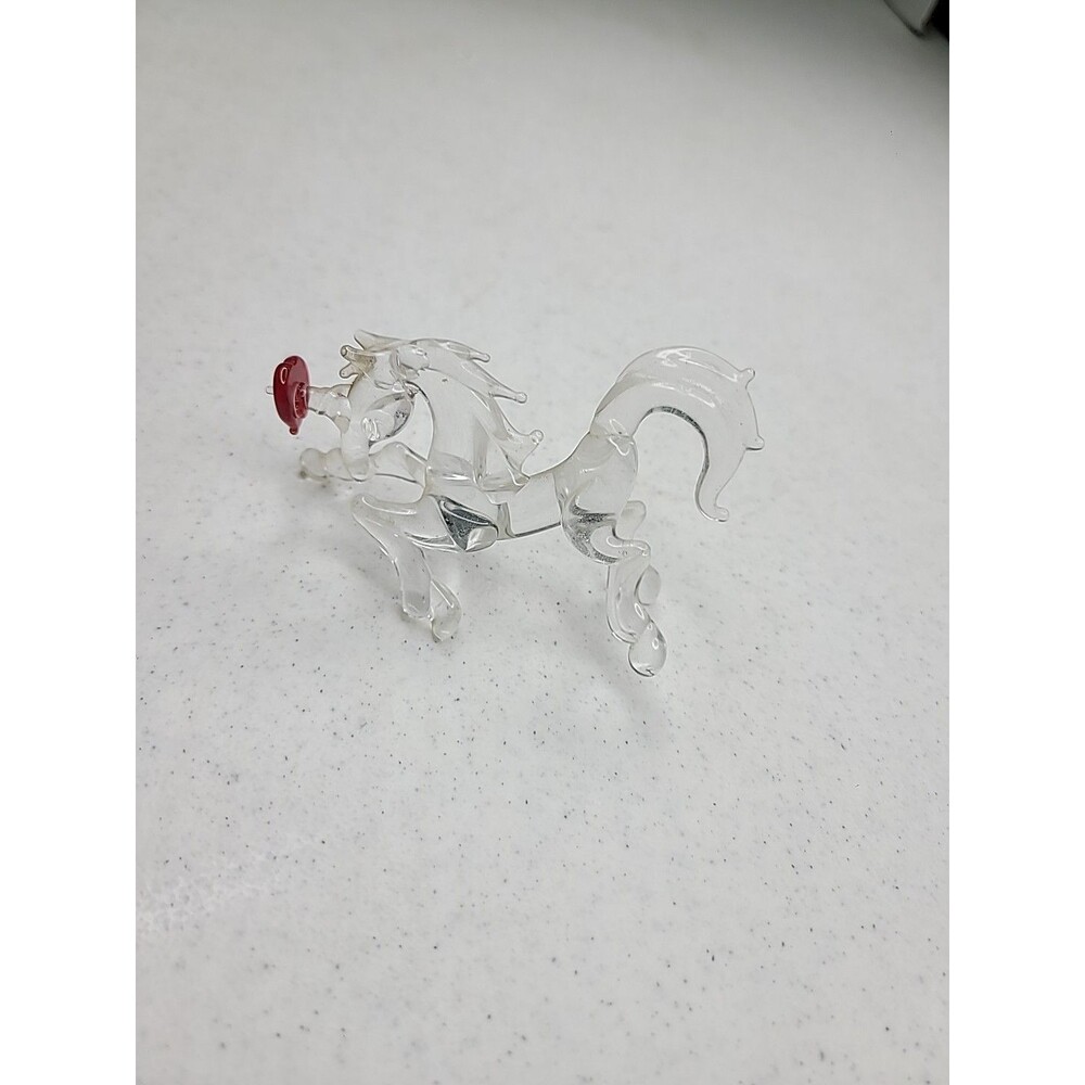 Vintage Hand Blown Clear Glass Unicorn Horse Figural Valentines Ornament 3.5" L